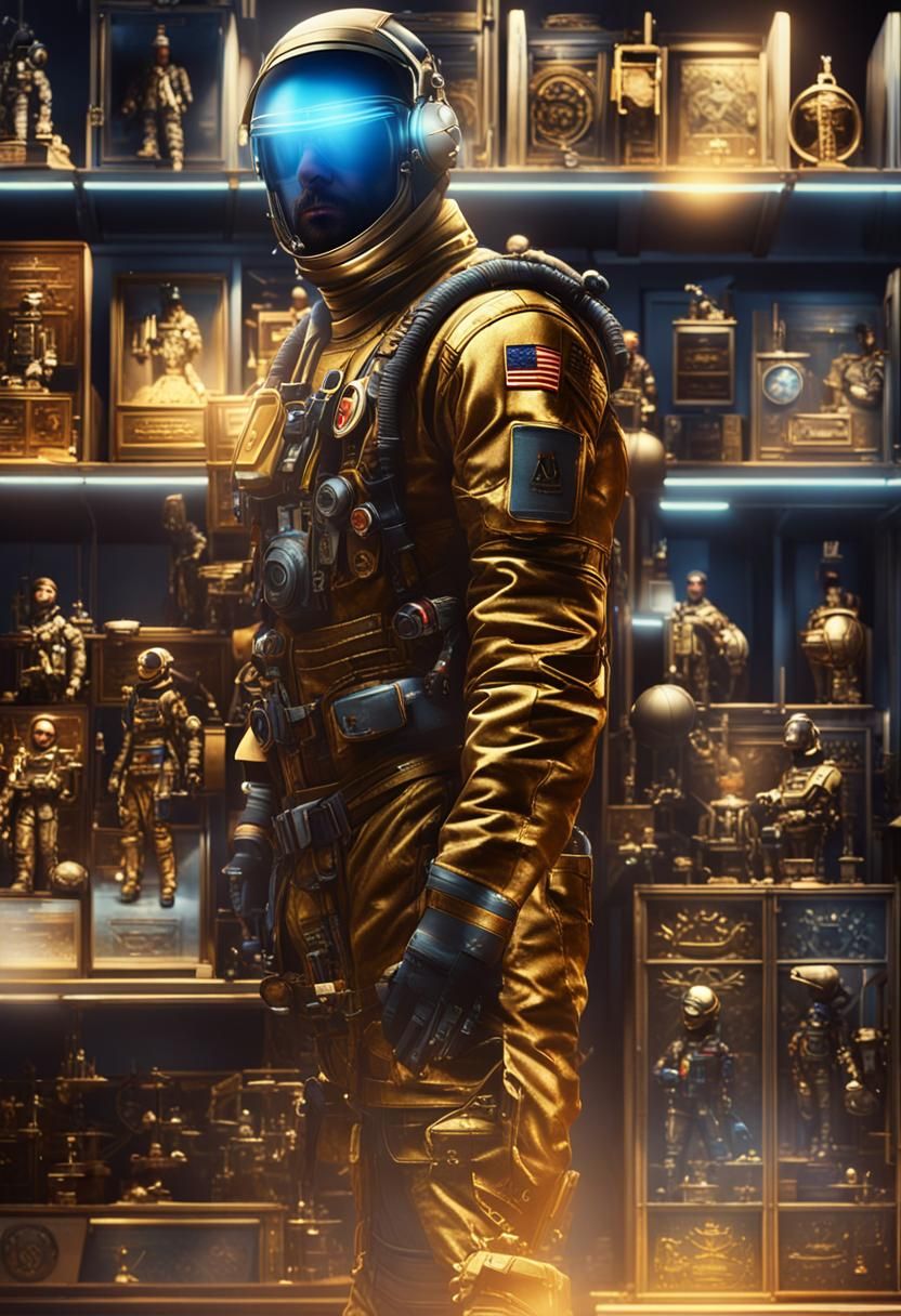 Aviator in Spacesuit Stands Before Awards, Matte Painting