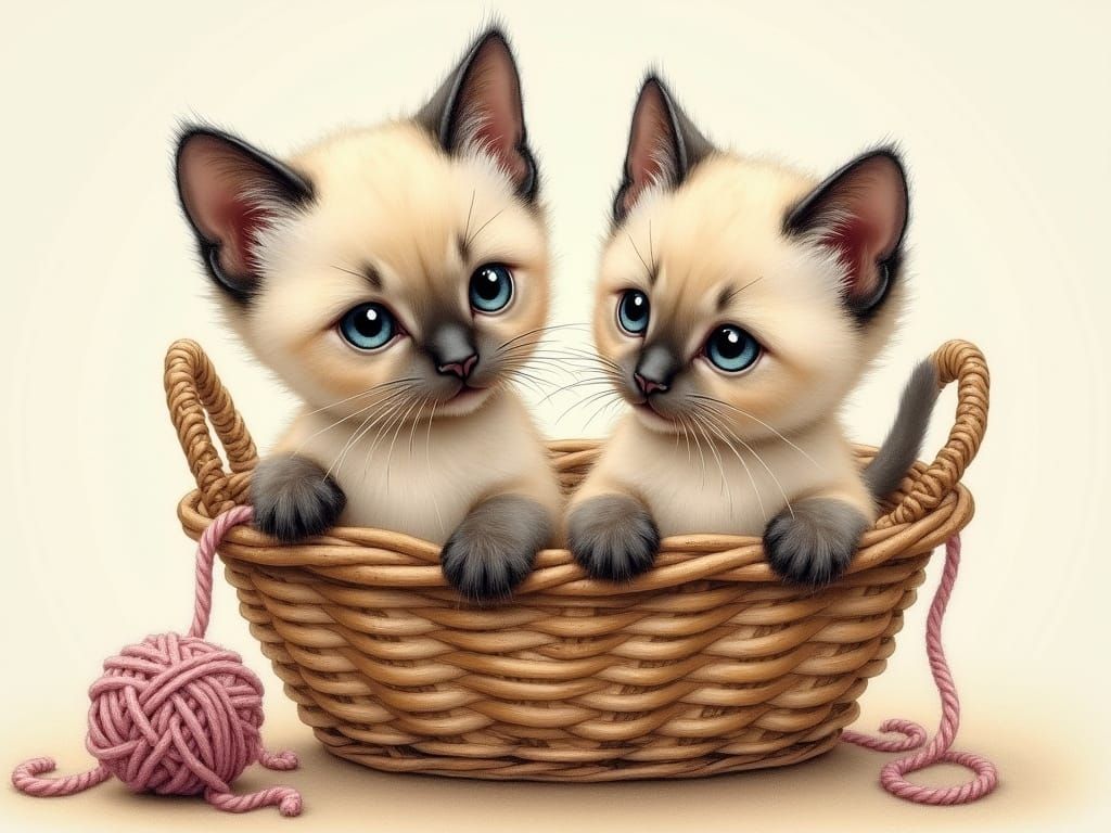Siamese Kittens Play with Yarn in Storybook Illustration