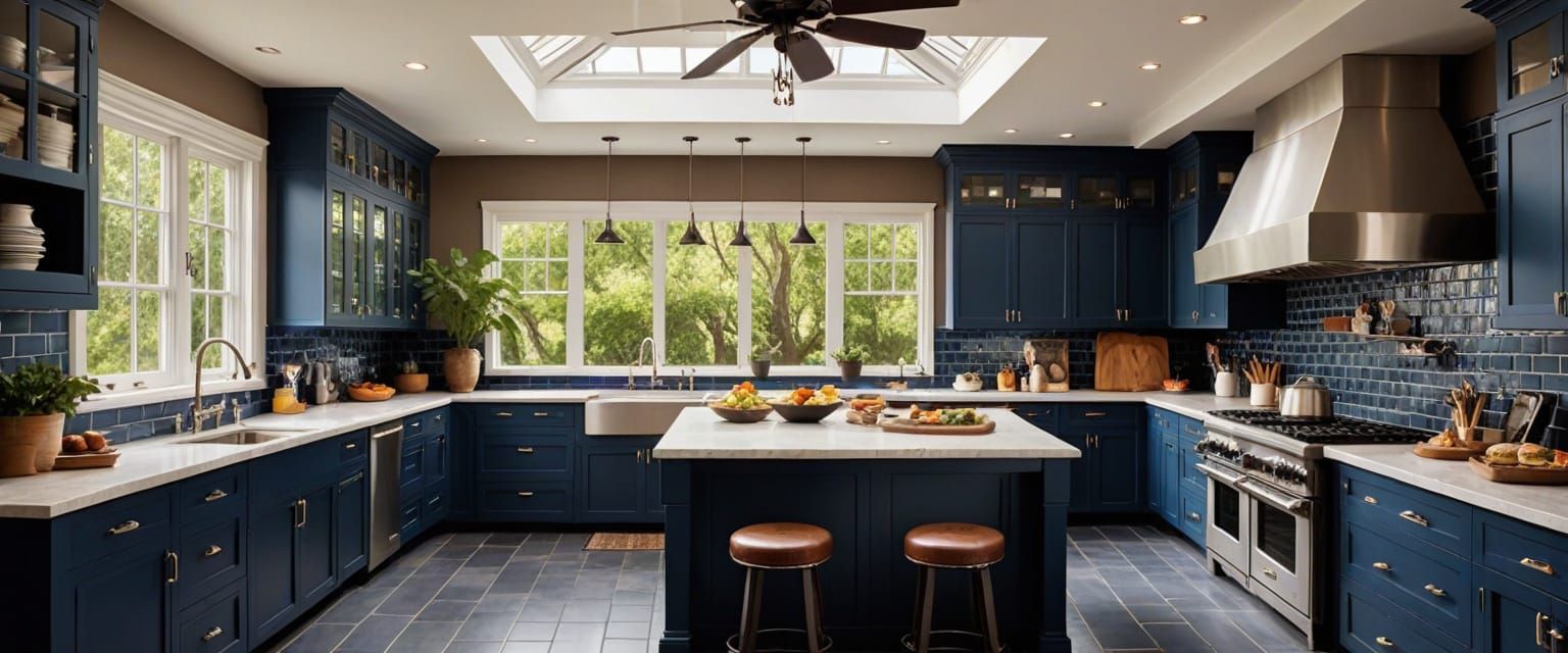 Luxurious Modern Chef's Kitchen with High Ceiling and Dark B...