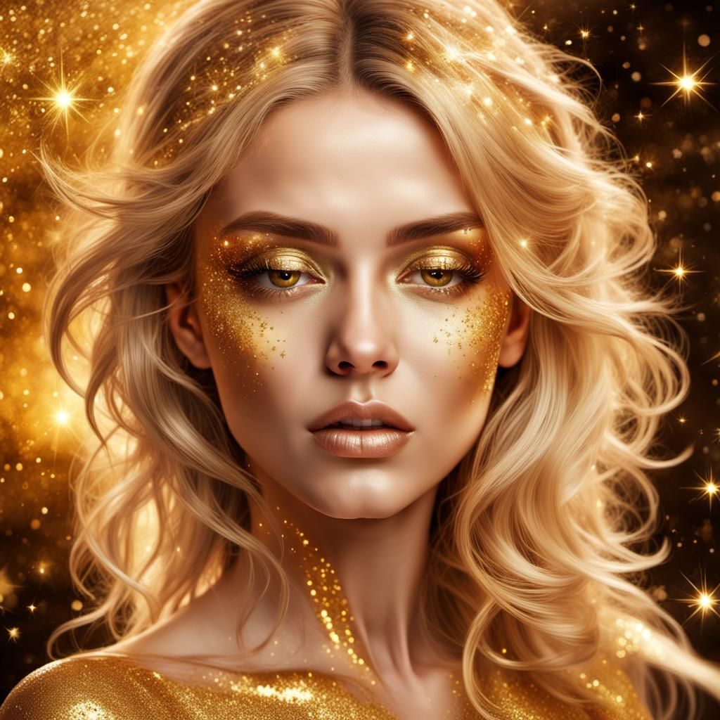 Golden Goddess with Glittering Makeup and Stars
