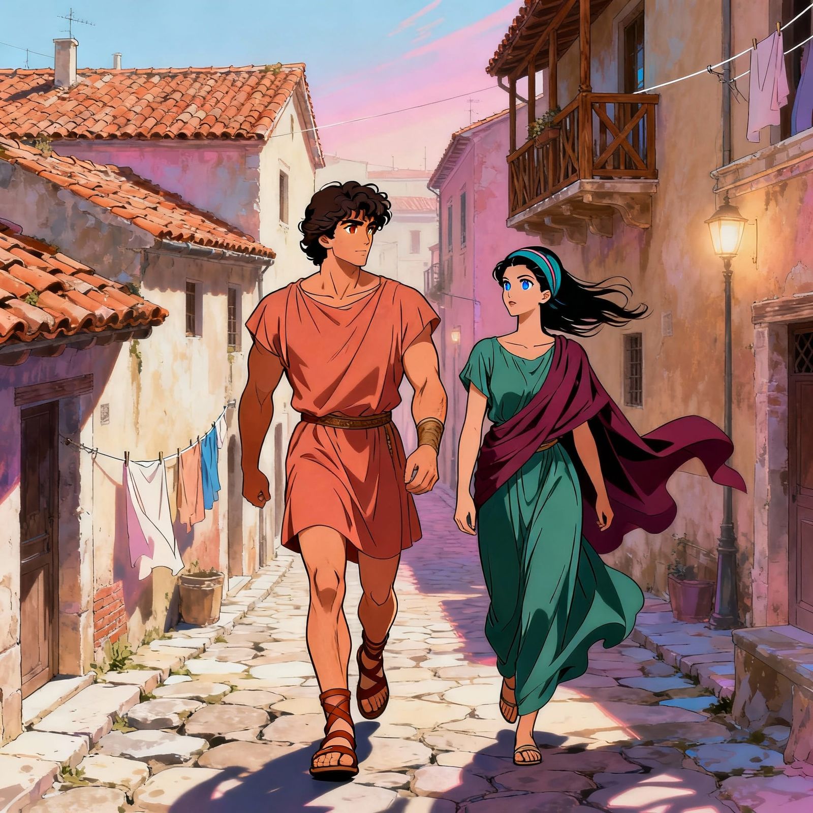 Roman Couple Walks Suburra Street in Anime Style