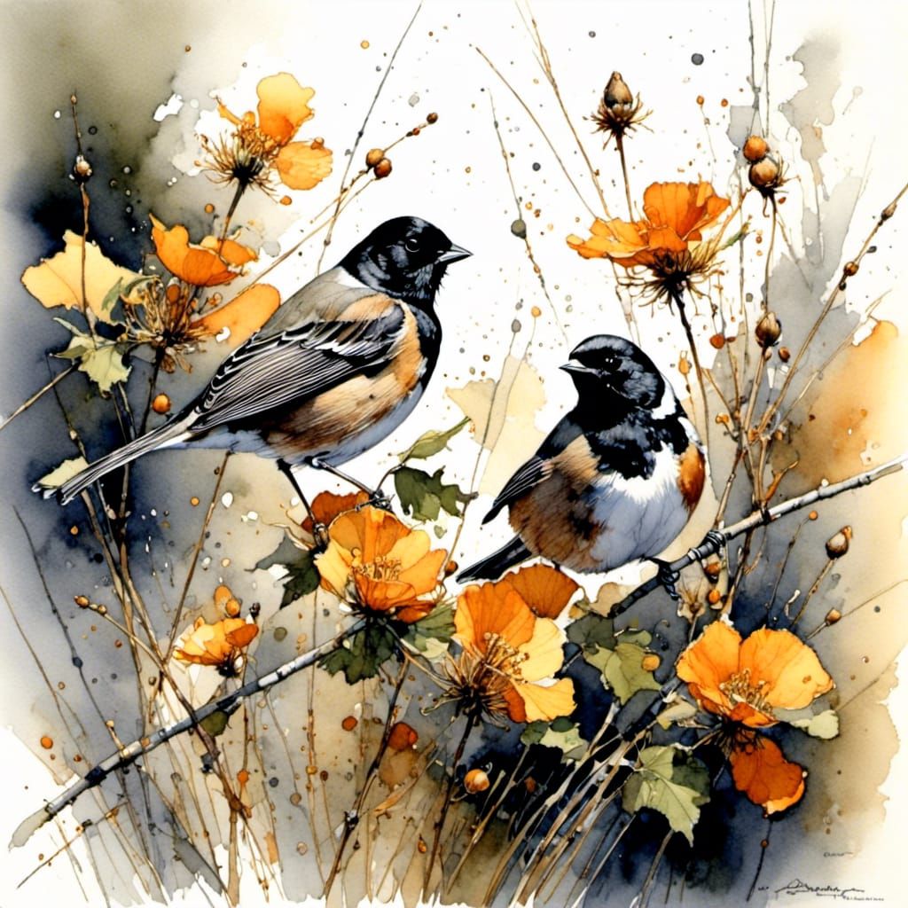 Abstract Avian Ink Bird Shapes in Flight