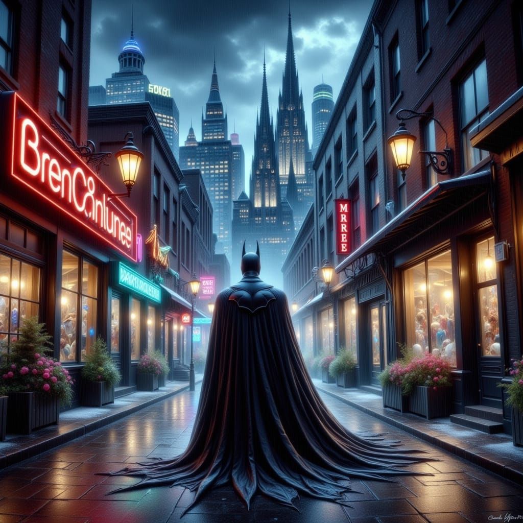 Dark Knight in Gotham City Alleyway with Zodiac Sign Aura