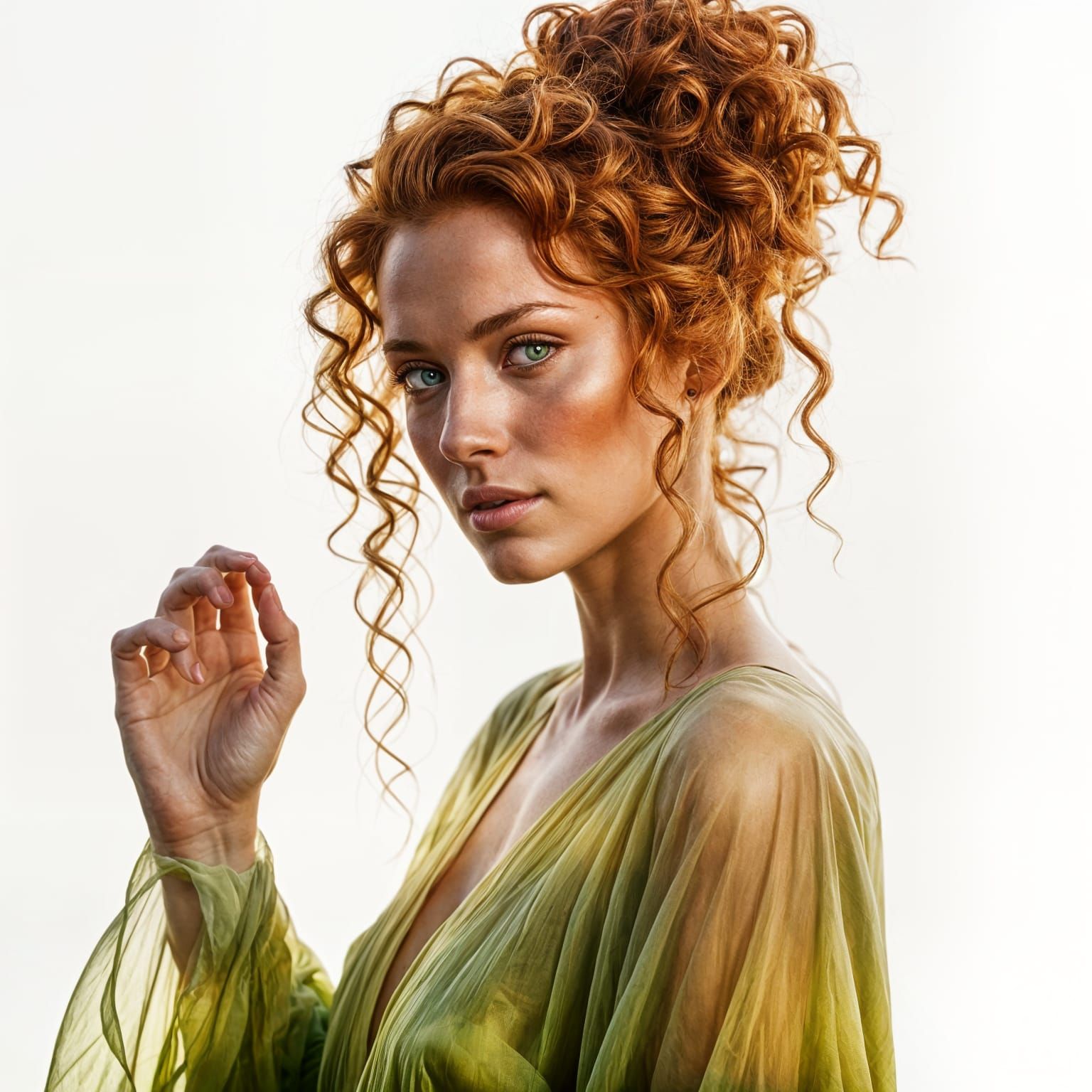 Hyperrealistic Woman in Gold Robe by Medieval Keep