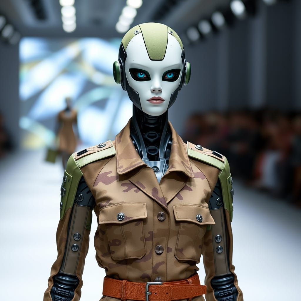 Female Military Android Struts Down Fashion Show Runway