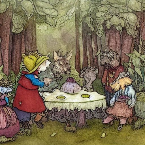 Whimsical Tea Party in Mushroom Forest, Storybook Illustrati...