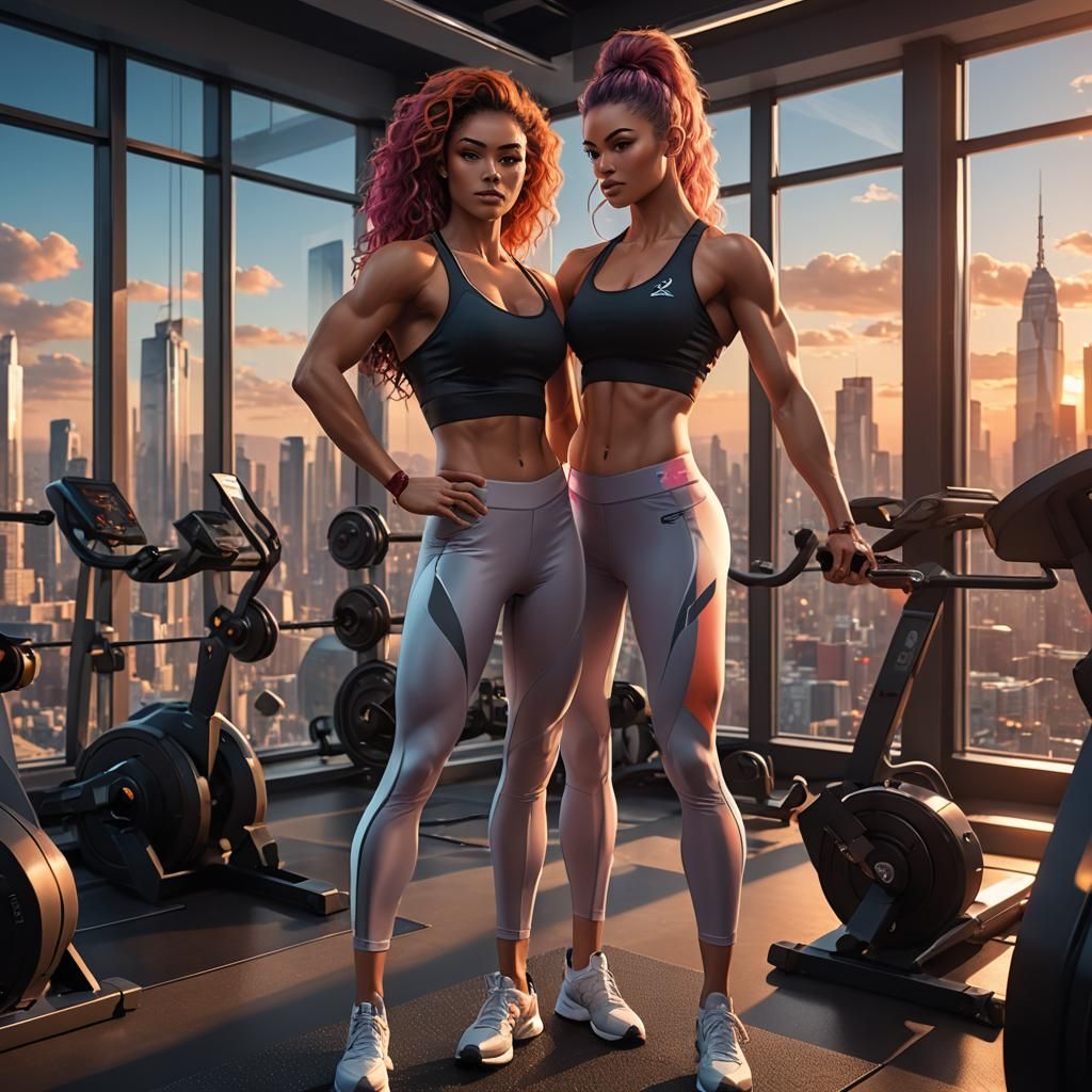 Anime-Inspired Woman in Modern Gym at Sunset