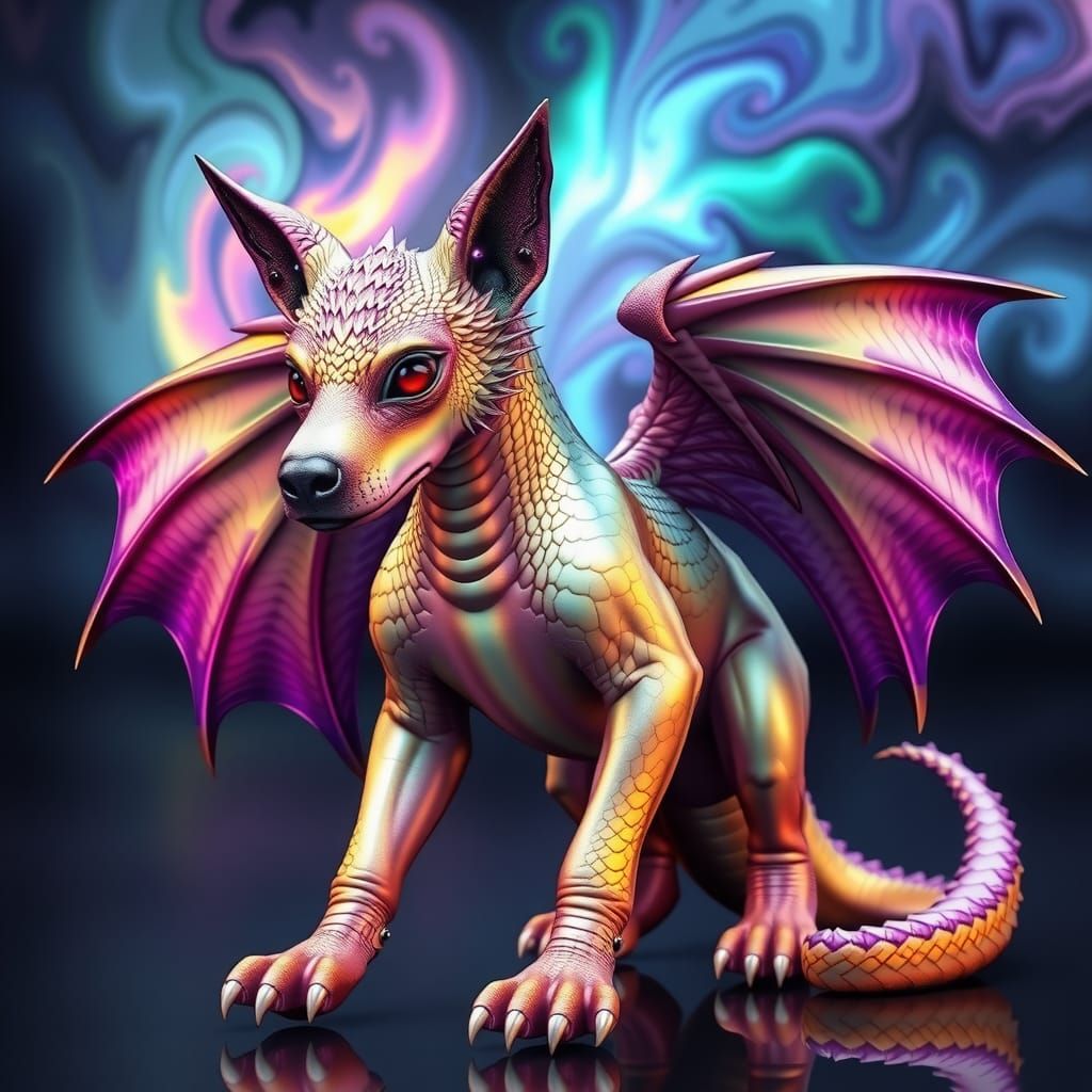 Canine-Headed Serpent Hybrid with Aurora Borealis Glow