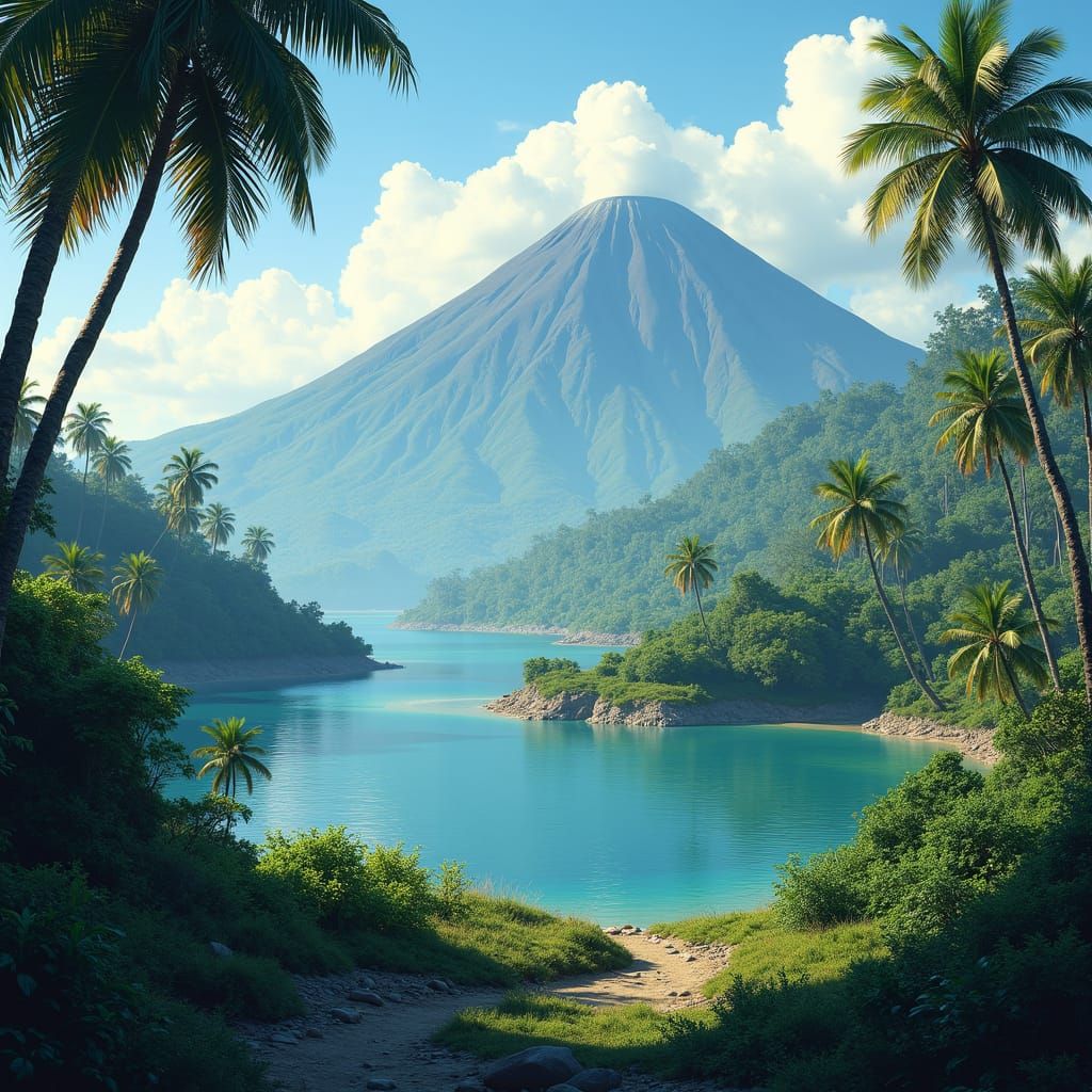 Tranquil Island Scene with Lagoon and Volcano