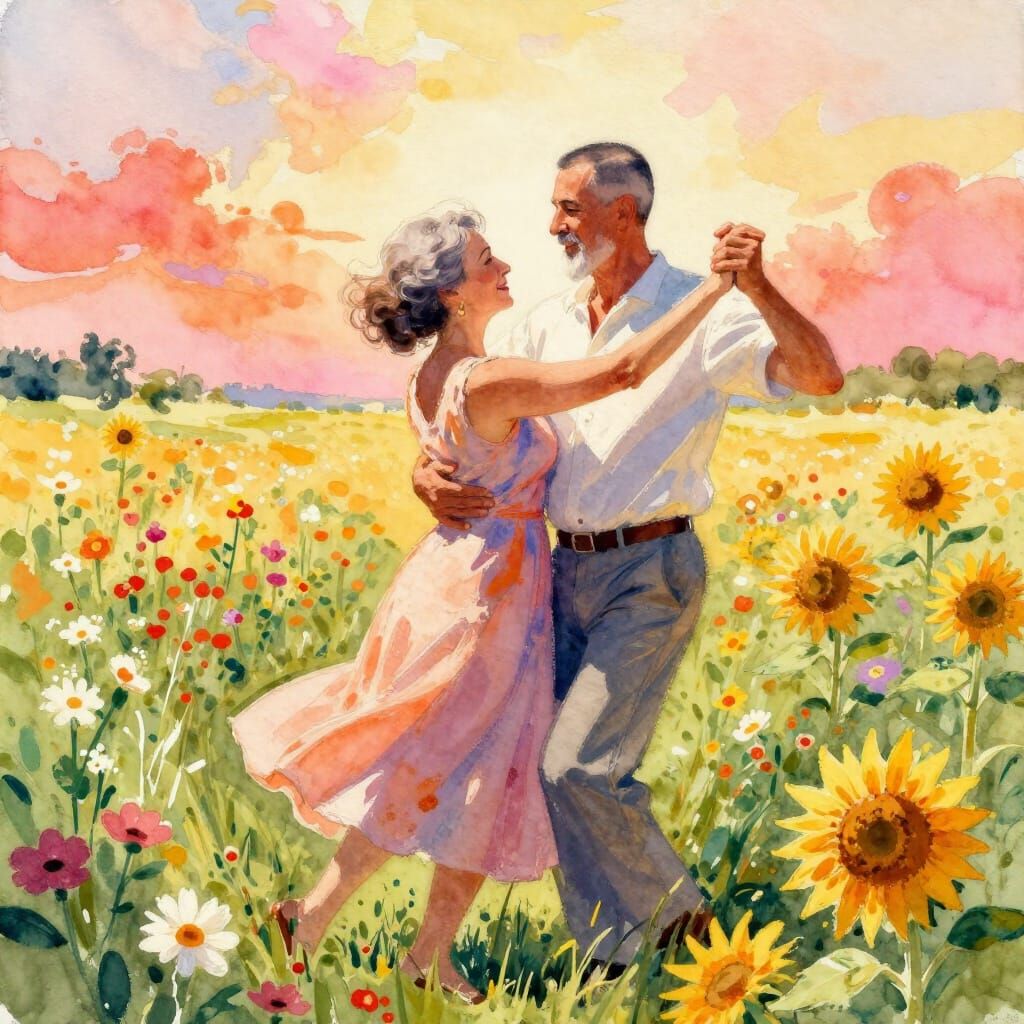 Couple Dancing in Vibrant Wildflower Field at Sunset