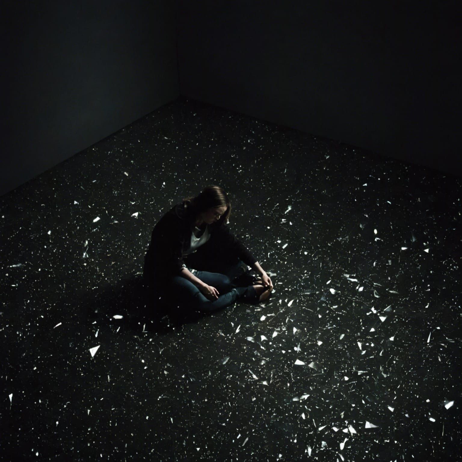 Woman in Dark Room with Broken Glass: Charcoal Drawing