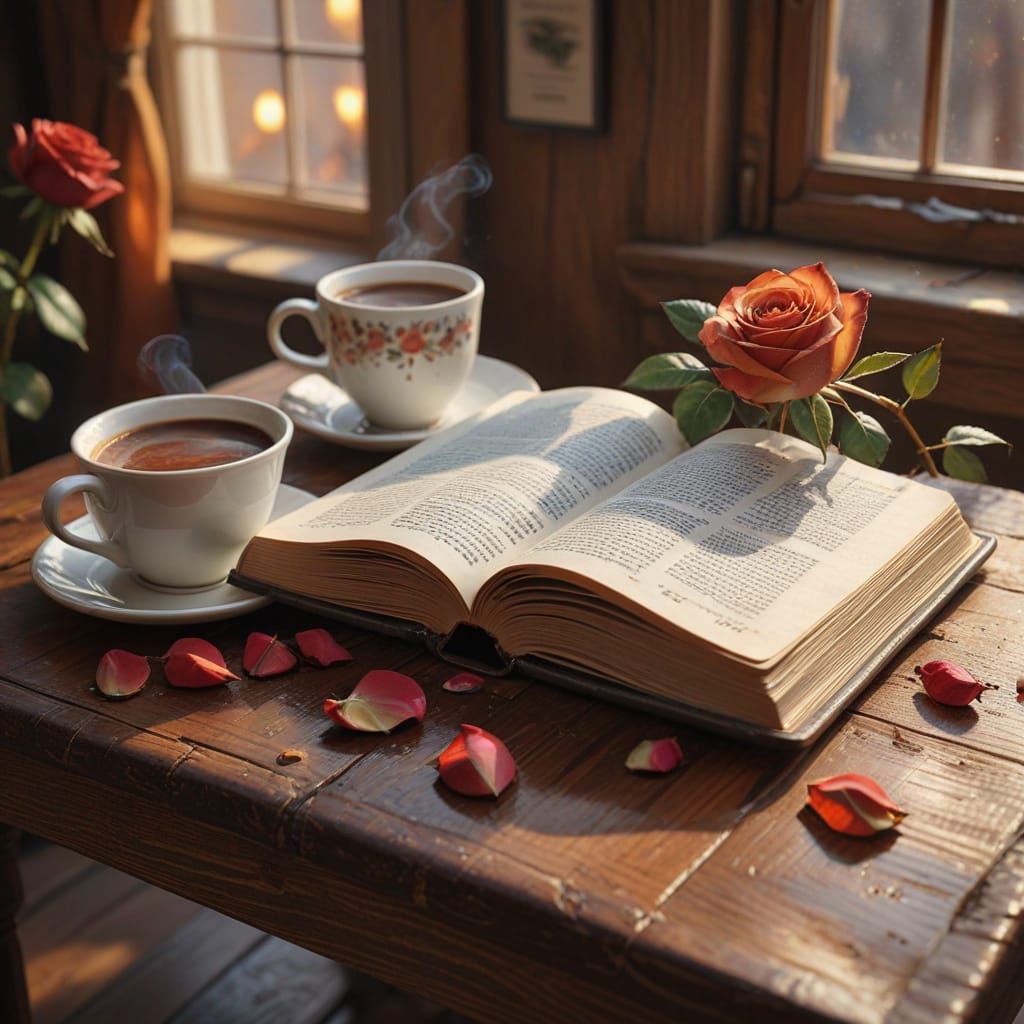 Vibrant Oil Painting of an Open Book with Rose and Hot Choco...