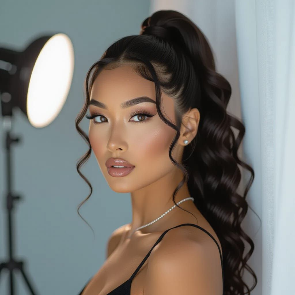 Studio Portrait of Confident Black Asian Woman with Jade Pen...