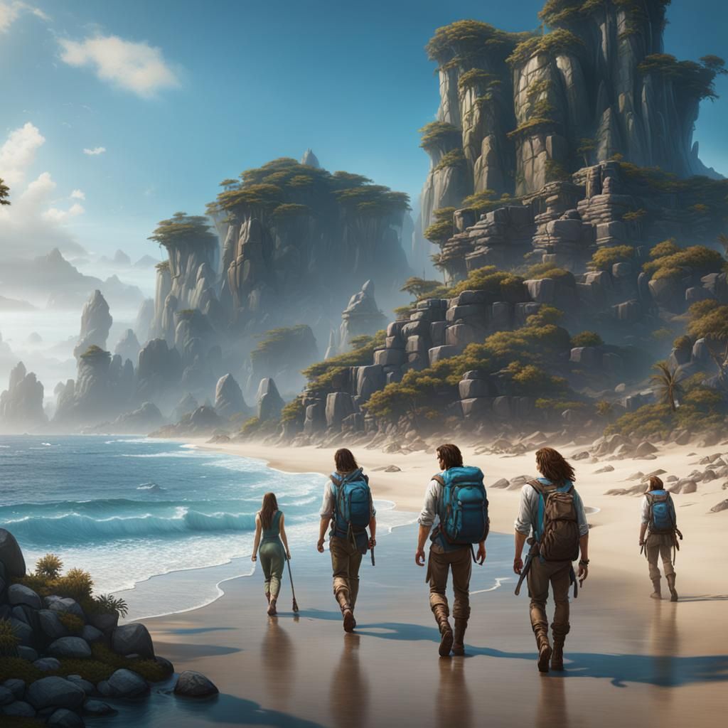Children Hiking on Beach in Fantasy Concept Art