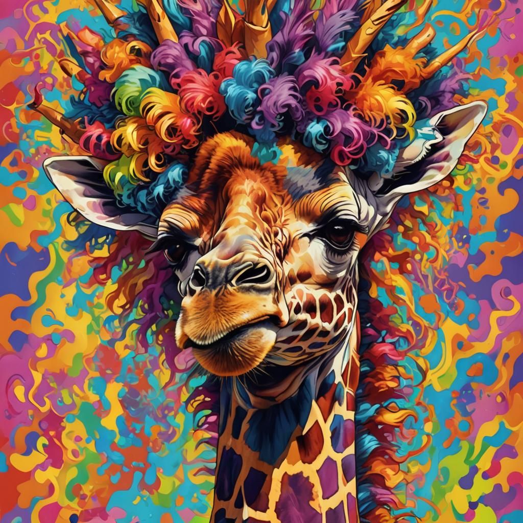 Giraffe with Rainbow Afro Wig, Fauvist Style