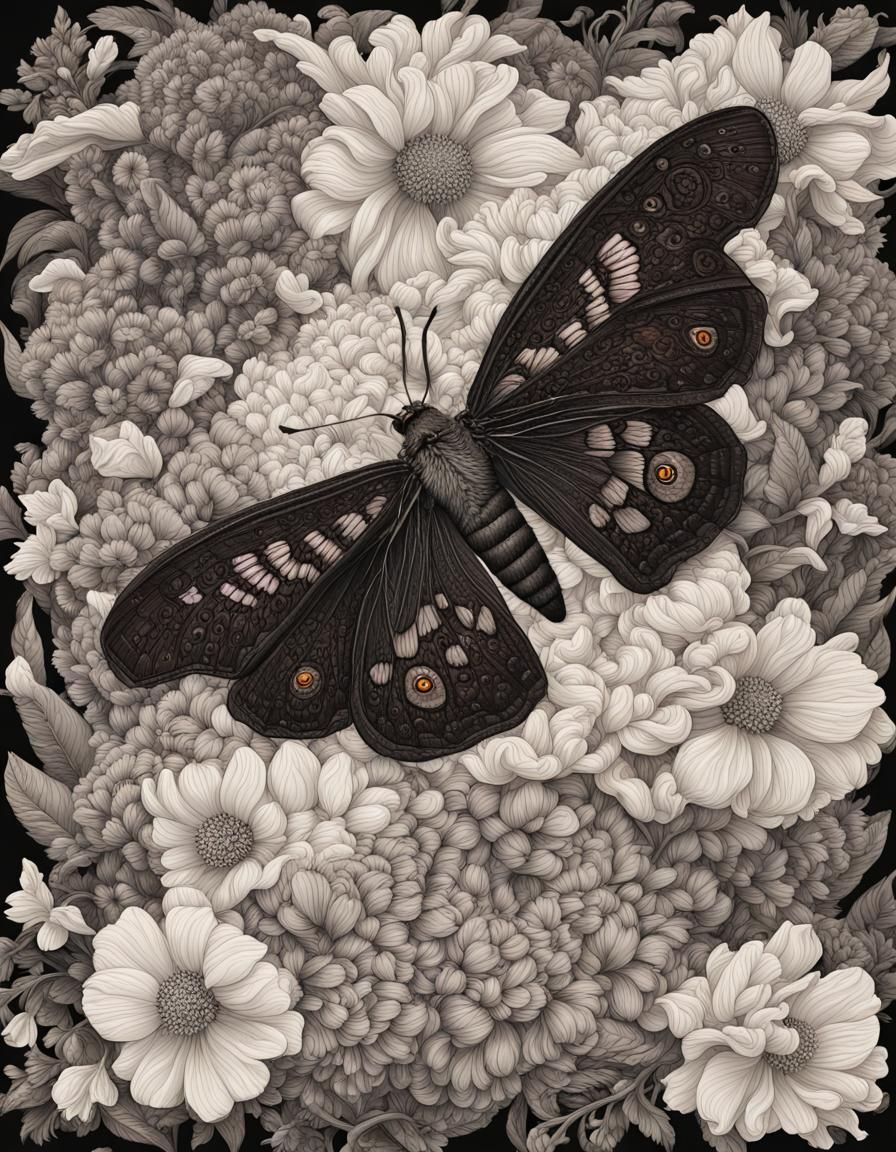 Dark Academia Moth and Flowers