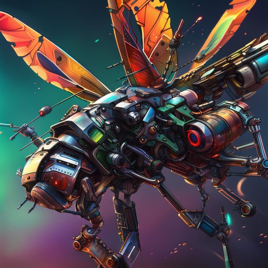 Robotic Dragonfly with Guns in Hyperrealistic Style