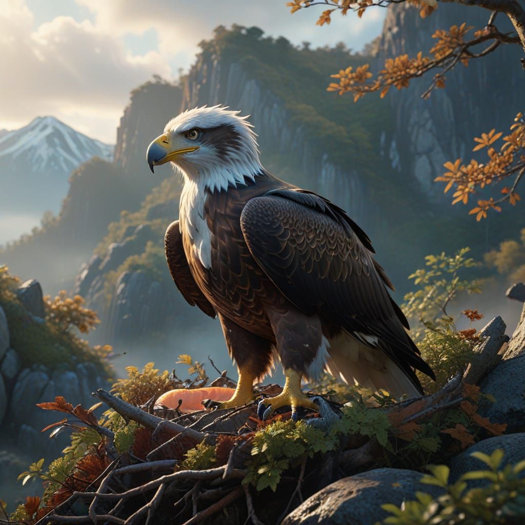 Majestic Sea Eagle in Mountain Nest, Tearing Apart Salmon in...