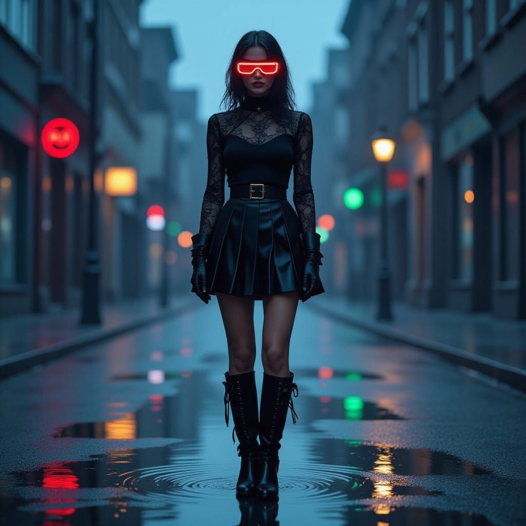 Woman at Crossroads in Cyberpunk-Influenced Street Scene