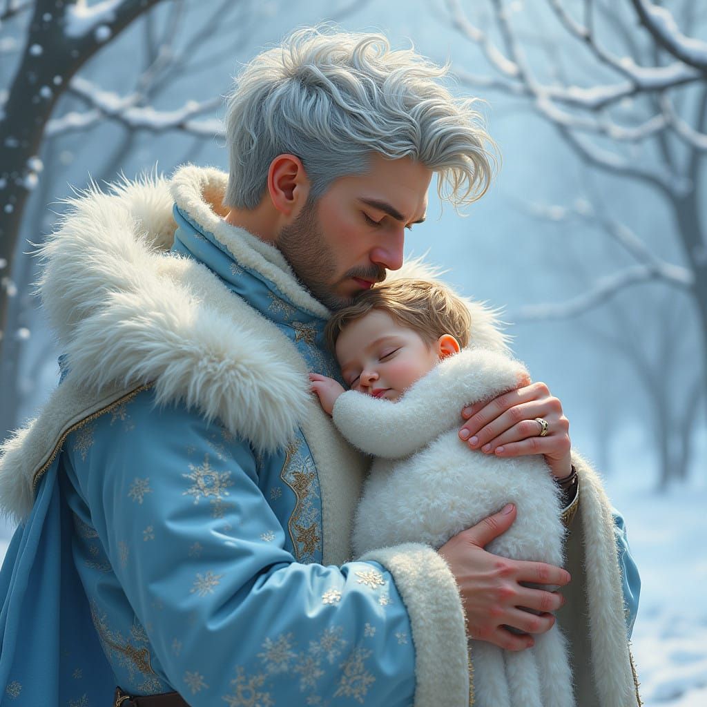 Father and Baby in Snowy Wonderland as Fantasy Concept Art
