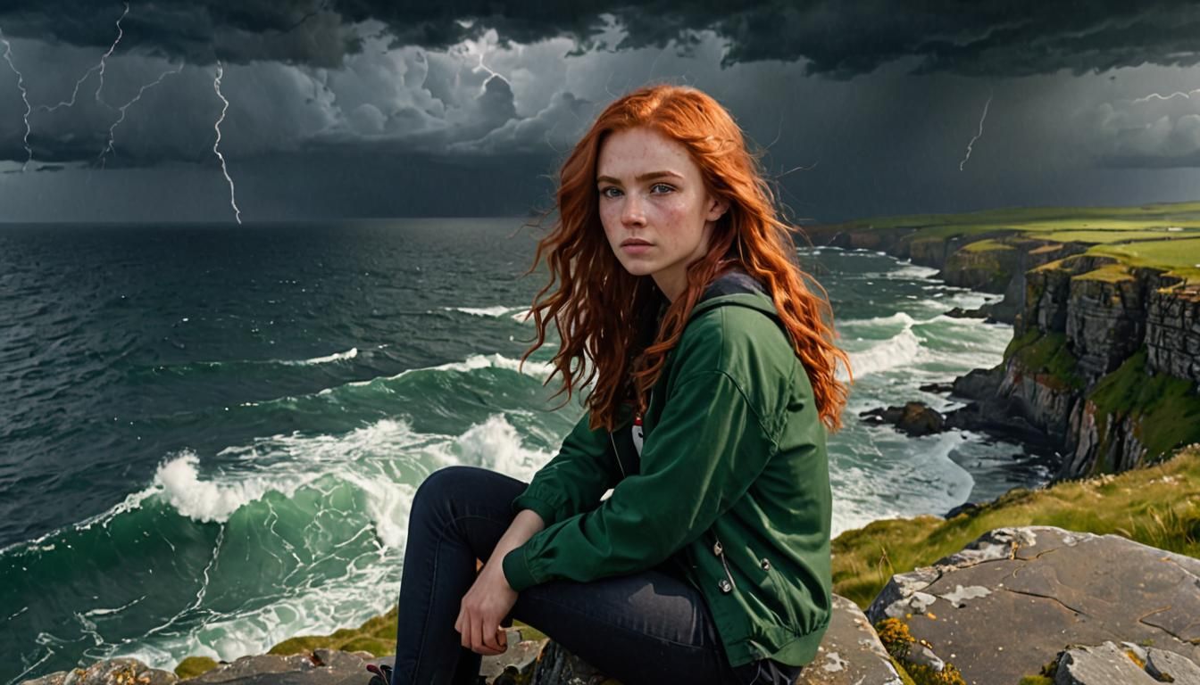 Irish Girl Overlooking Stormy Ocean in Hyperrealistic Style
