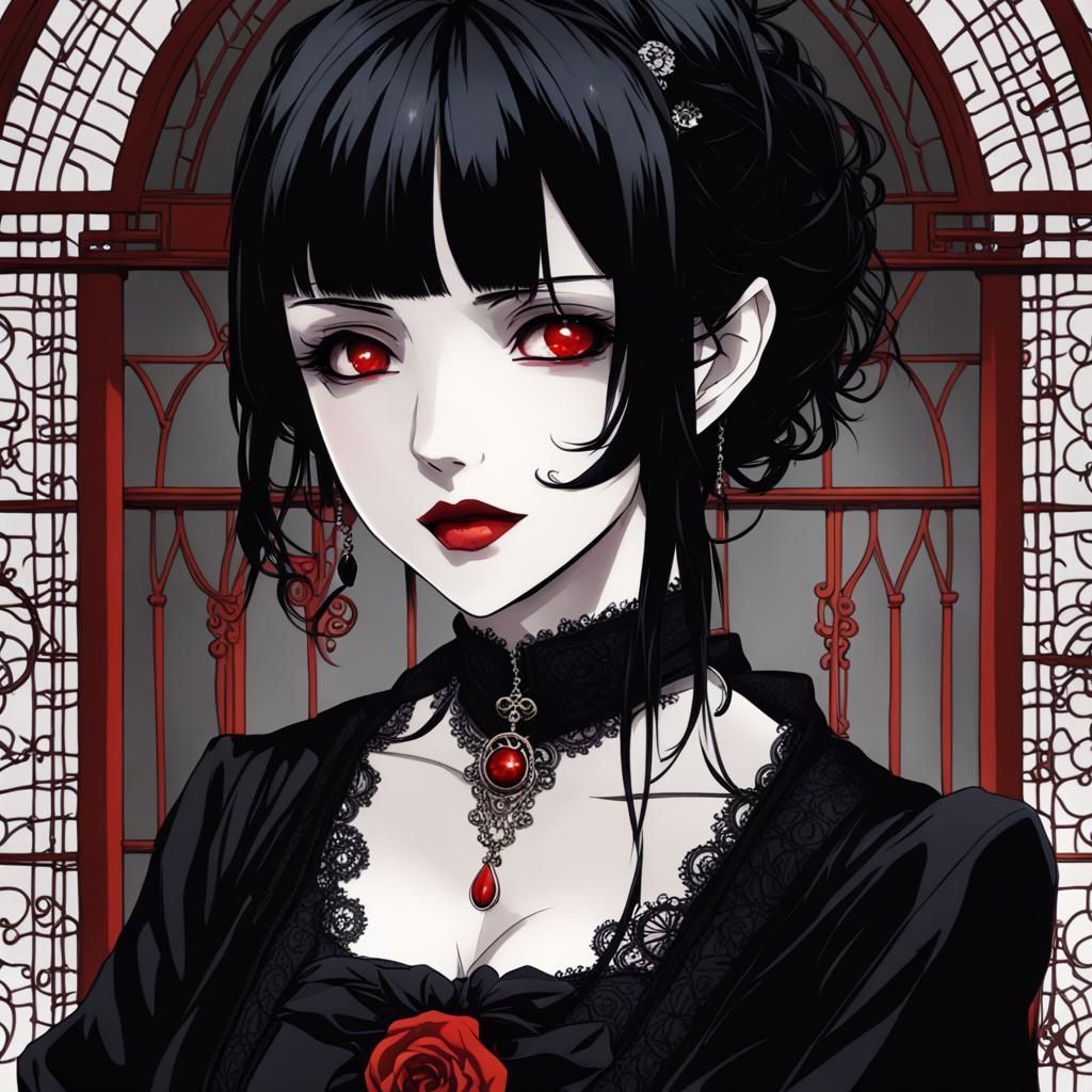 Gothic Anime Girl with Black Hair and Red Lips