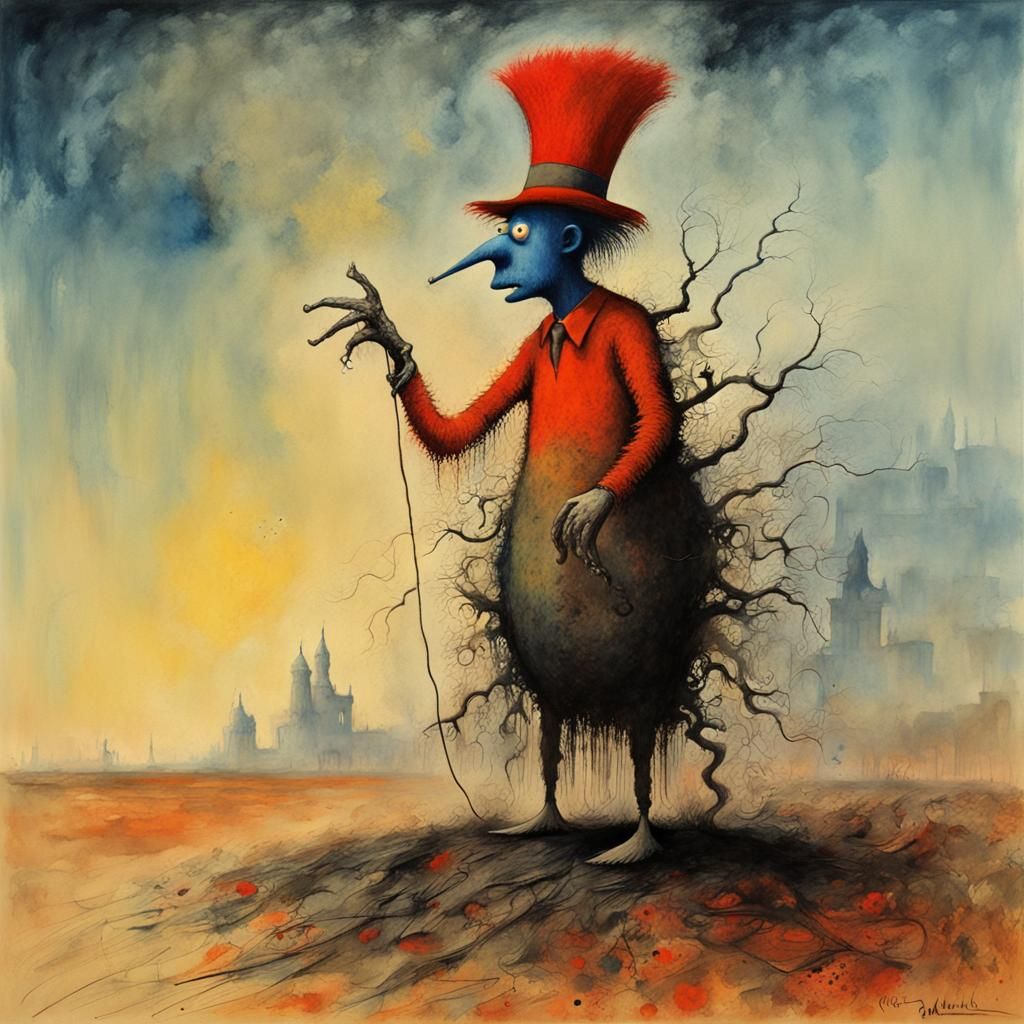 Surreal Beat-Man Portrait in Gouache and Watercolor