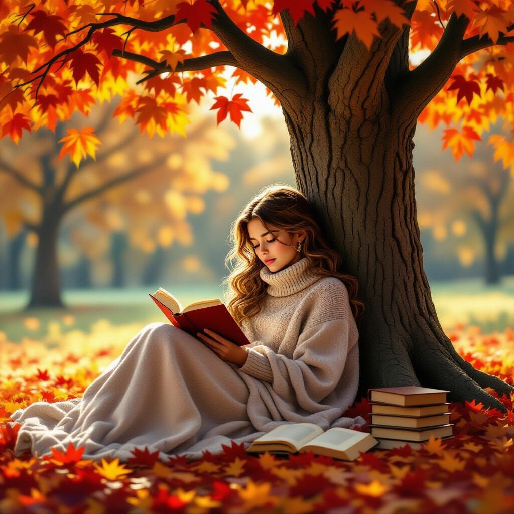 Cozy Girl Dreaming Under Autumn Tree