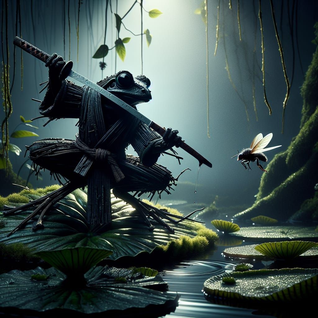 Samurai Frog Strikes Fly at Night