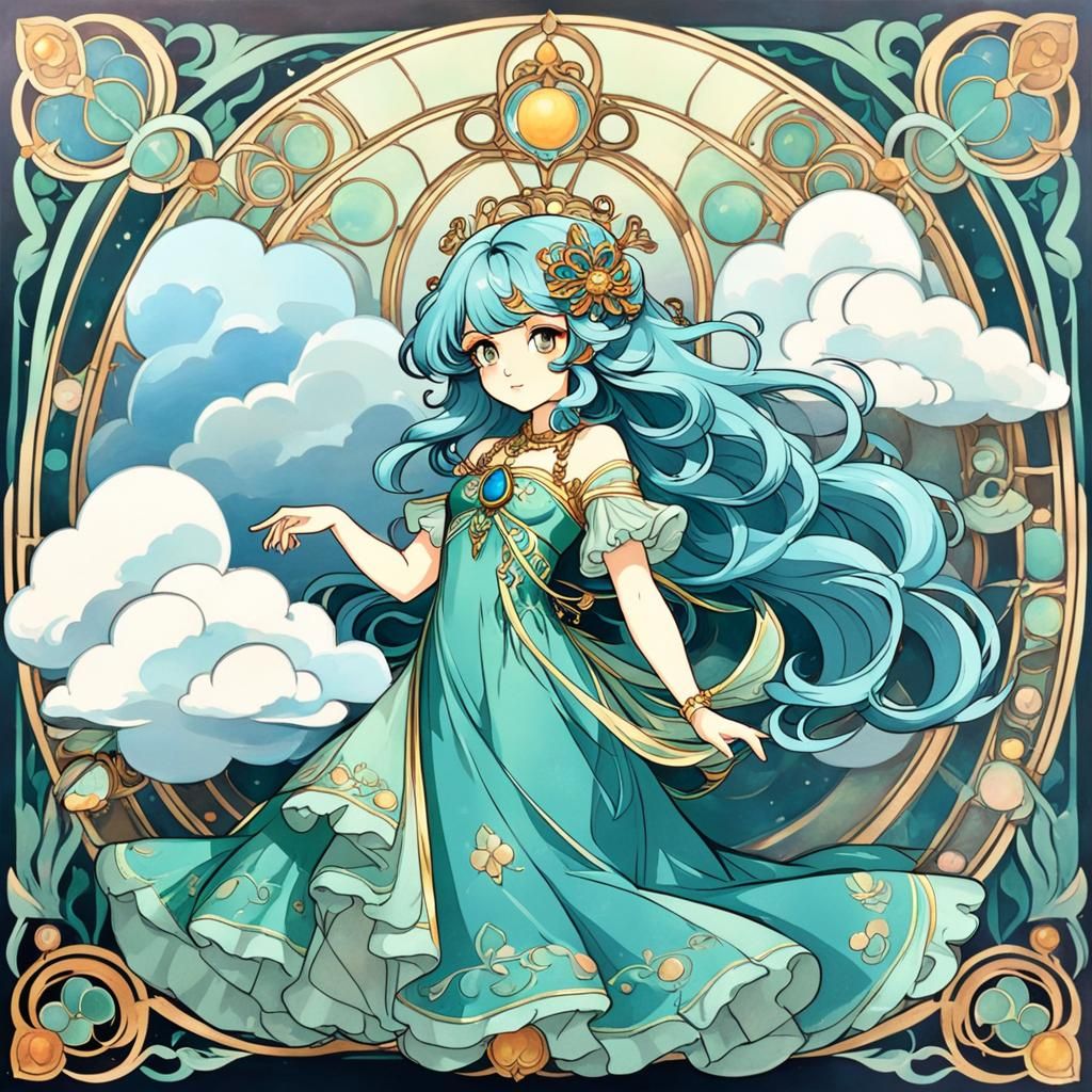 Art Nouveau Cloudscape with Peacock and Crown