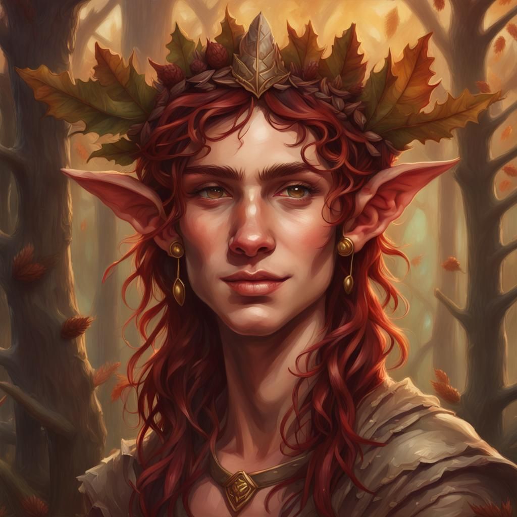 Smiling Elf with Vine Crown: Fantasy Hyperreal Painting
