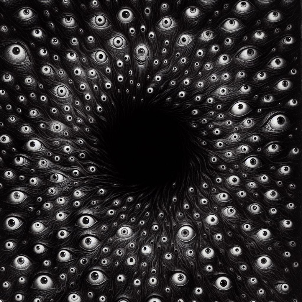 Horrific Void Surrounded by Countless Eyes in Pencil Drawing