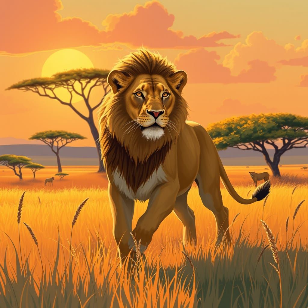 Majestic Lioness Roams Dreamlike Savannah Landscape