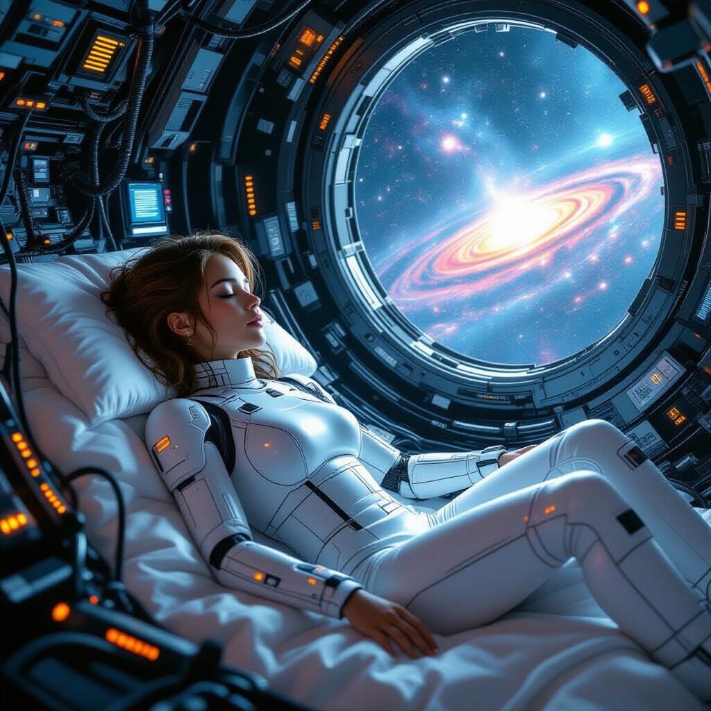 Android Woman Sleeping in Cyberpunk Spaceship Interior