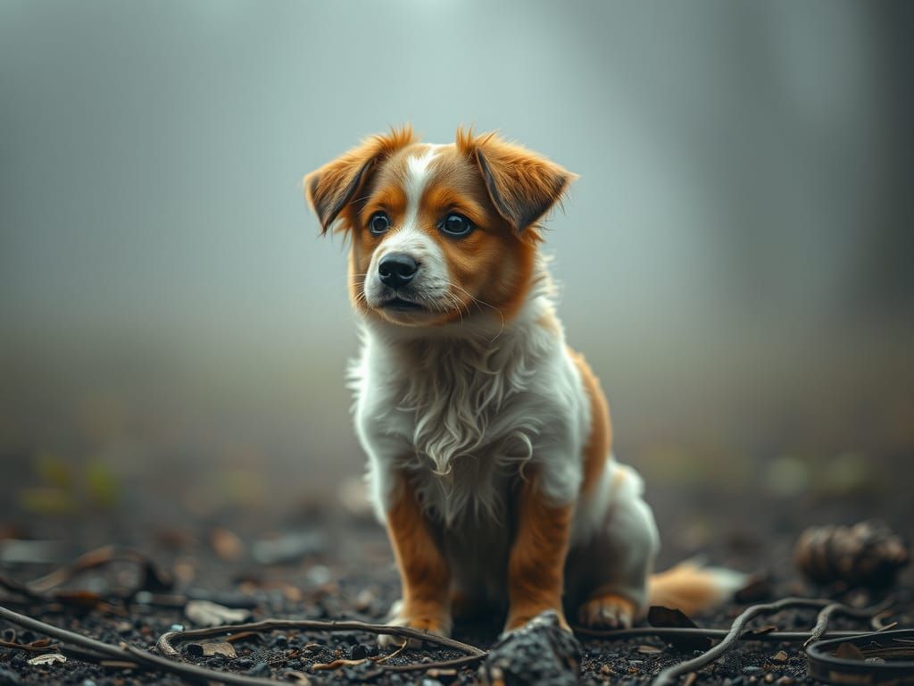 Adorable Dog 'Spot' in Misty, Hyper-Realistic Scene
