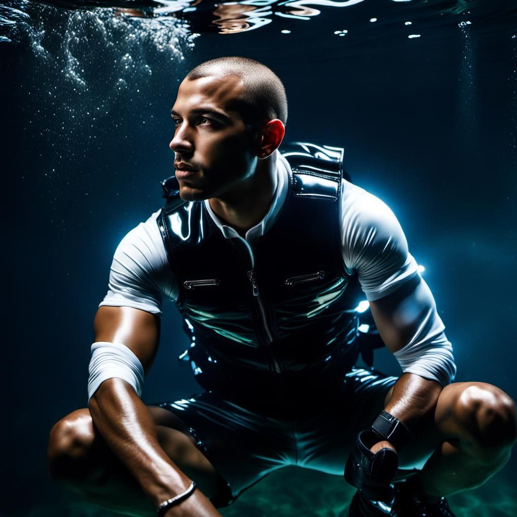 Underwater Male Model in Leather, Kusama-Inspired Bubbles