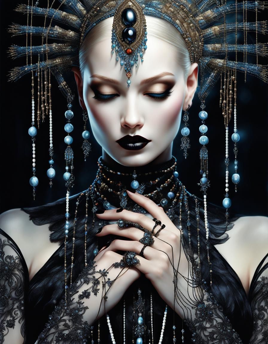 Gothic Female Portrait Holding Beaded Thread