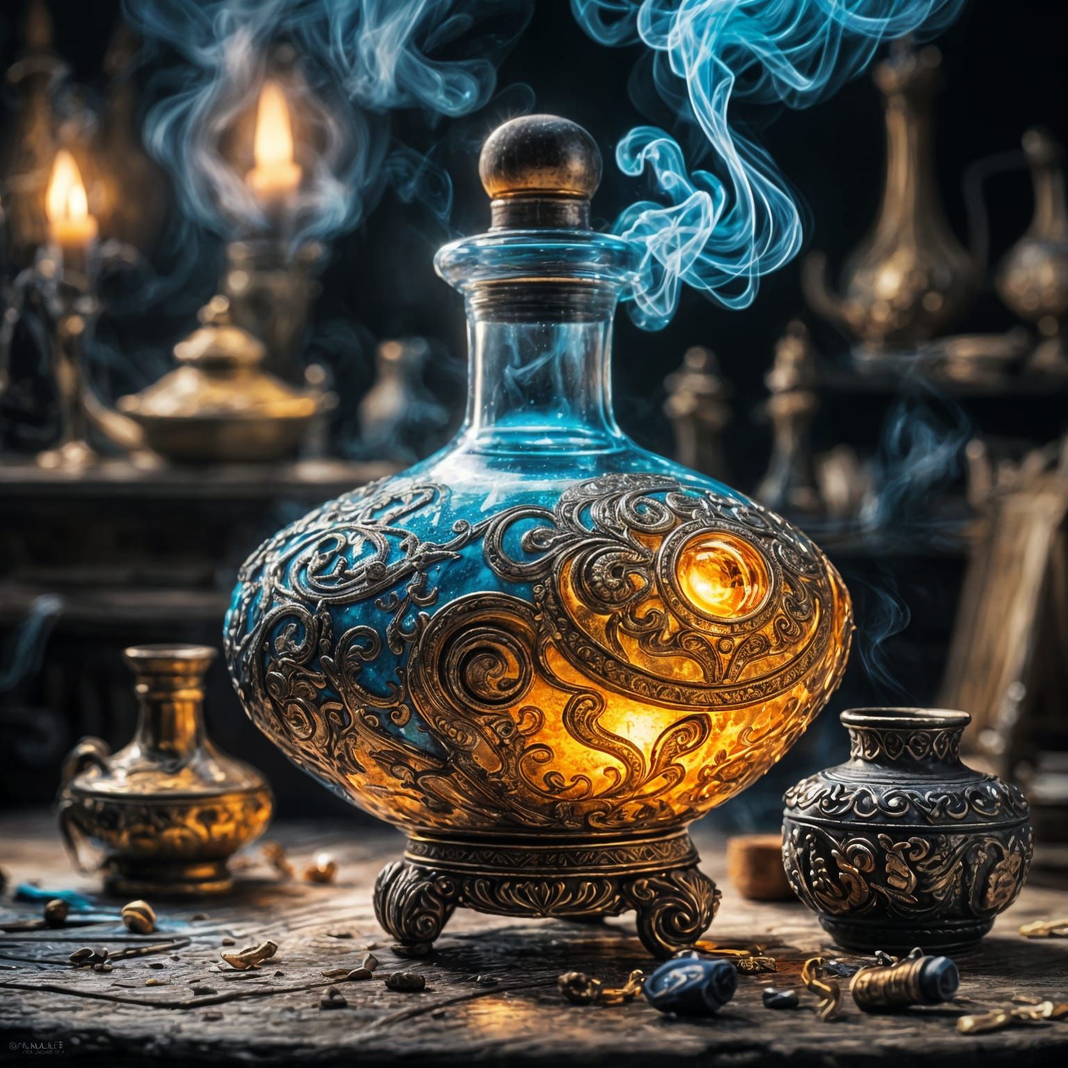 Aladdin's genie bottle, glowing smoke emitting