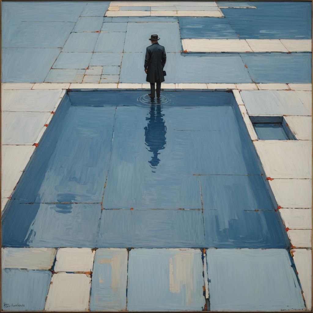 Abstract Blue Pool in Mondrian Style, Oil Painting