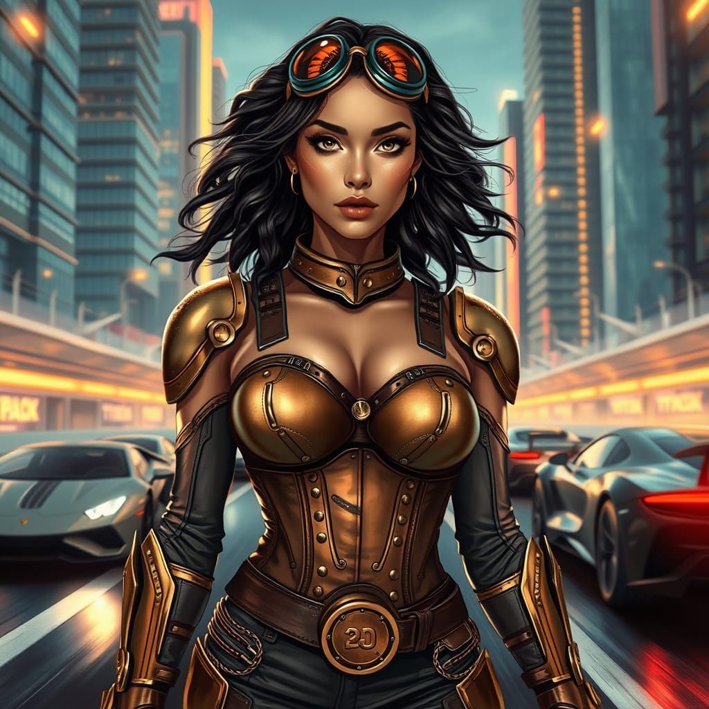 Tan Steampunk Superhero Dominates Modern Racetrack in Detail...