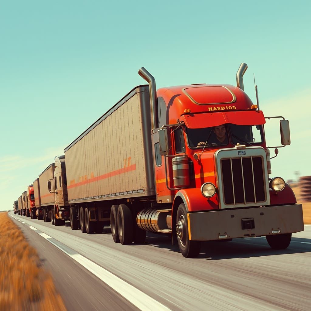 Convoy of 18-Wheelers in Retro-Futuristic Style
