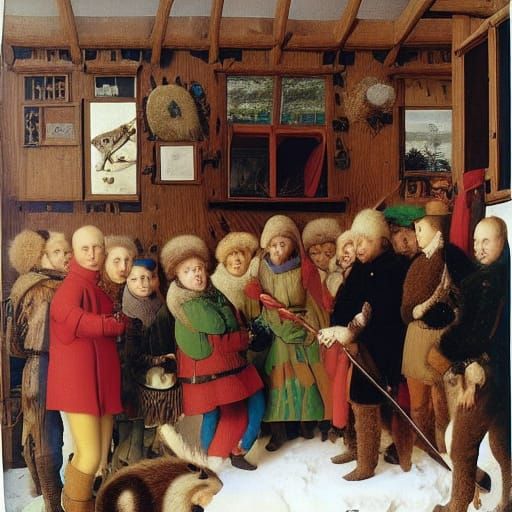 Winter Alpine Camp in a Hedgehog Village, Inspired by Van Ey...