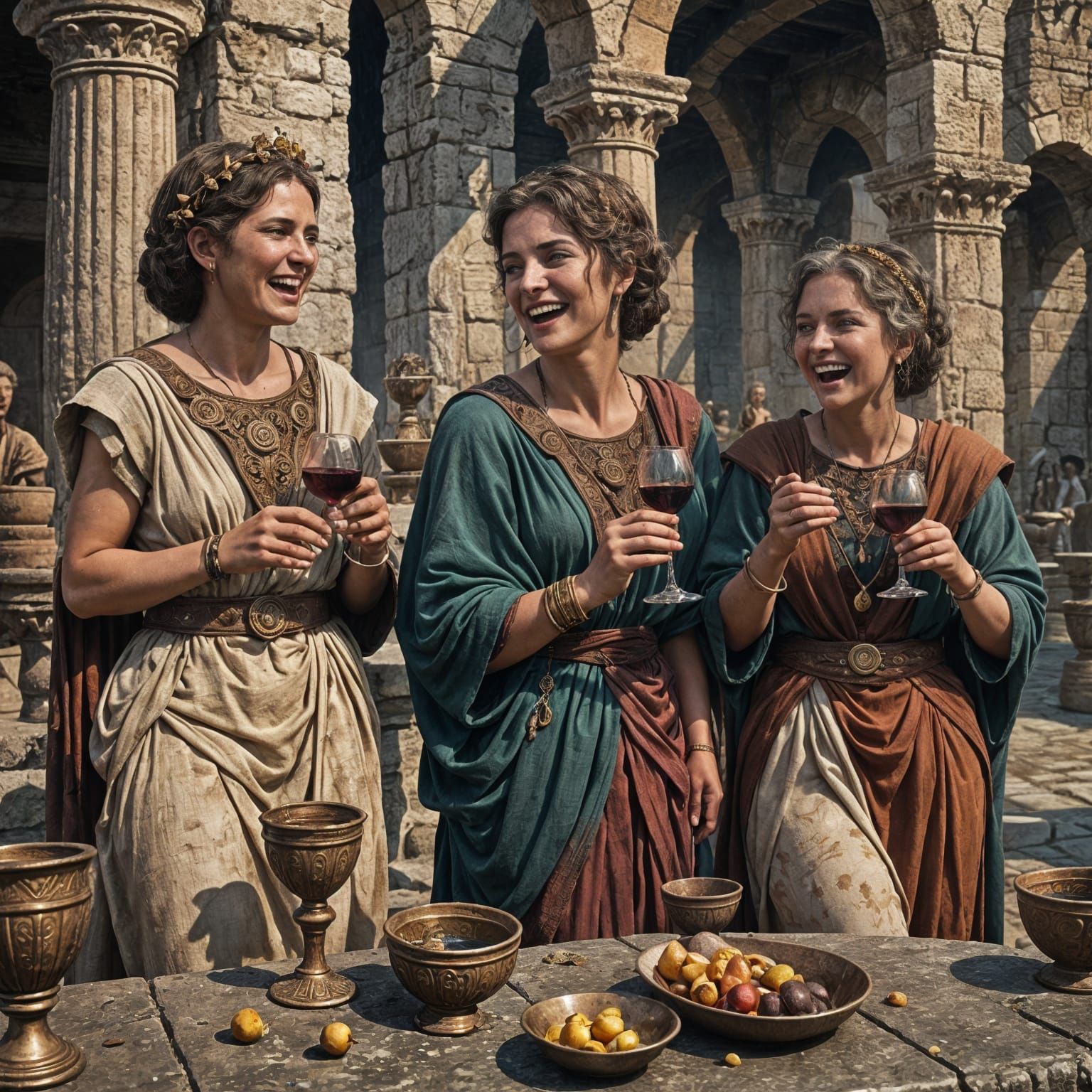 Three ancient Roman woman laughing and drinking wine from wo...