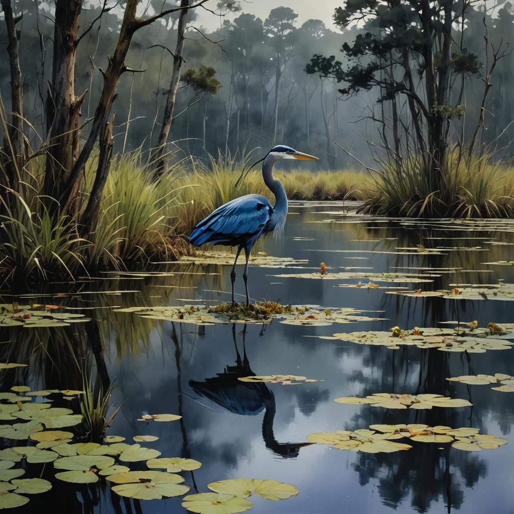Great Blue Heron in Moody Watercolor Landscape