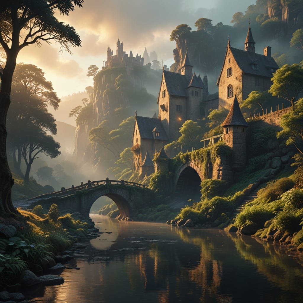 Massive Medieval Stone Bridge at Sunrise, Digital Matte Pain...