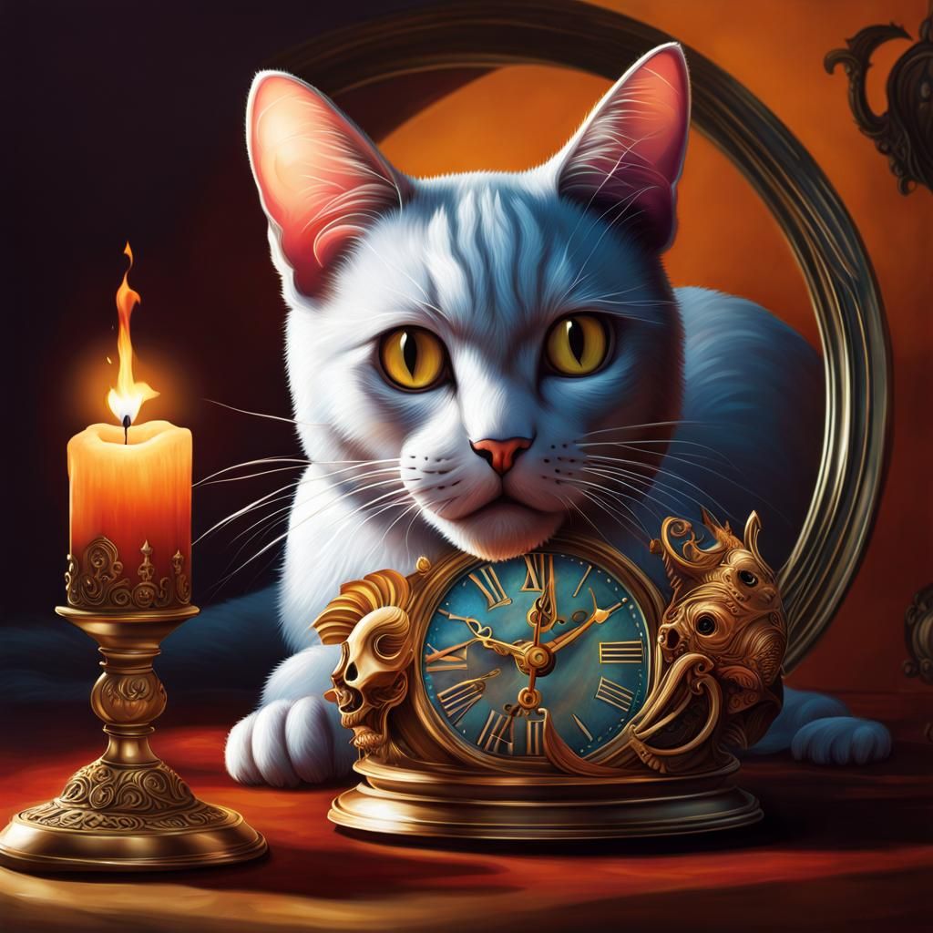 Hyperrealistic Still Life with Cat, Mouse and Skull