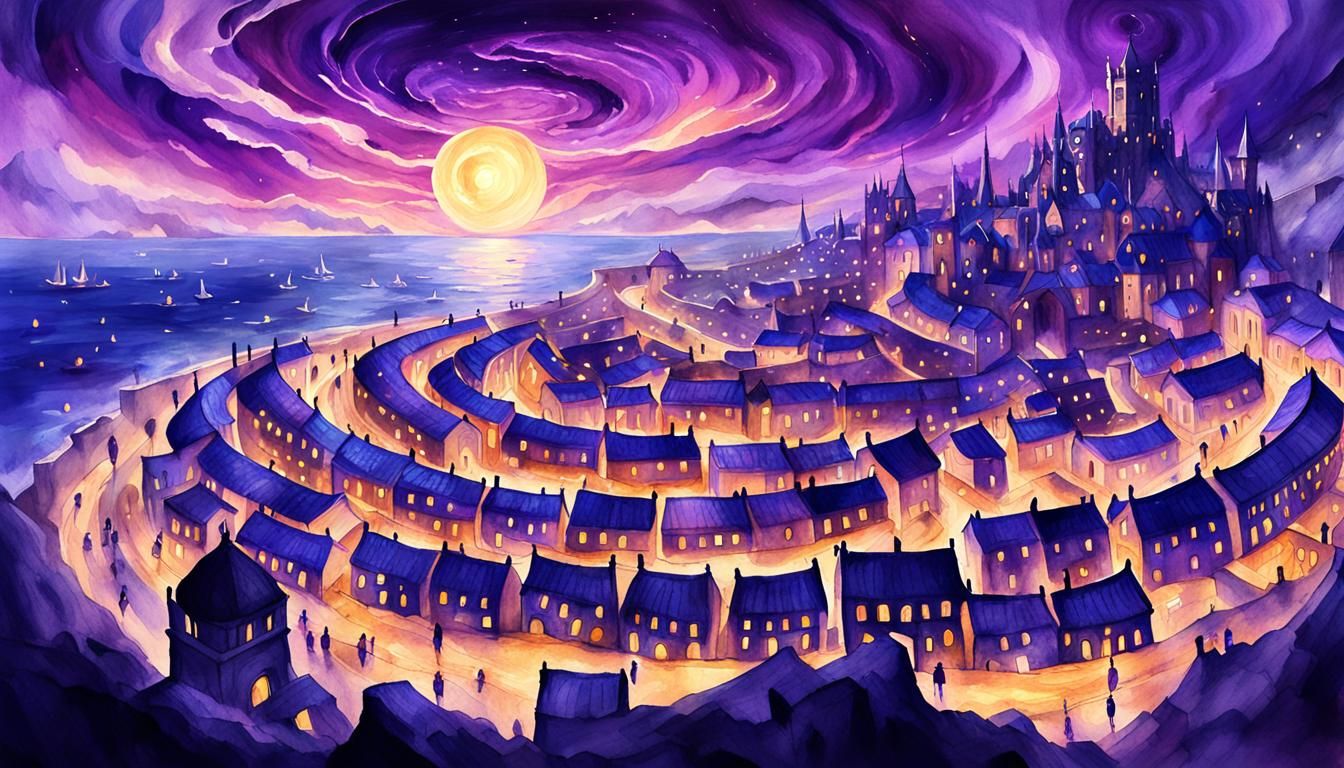 Pacific Medieval City with Vortex Sky, Watercolor Style