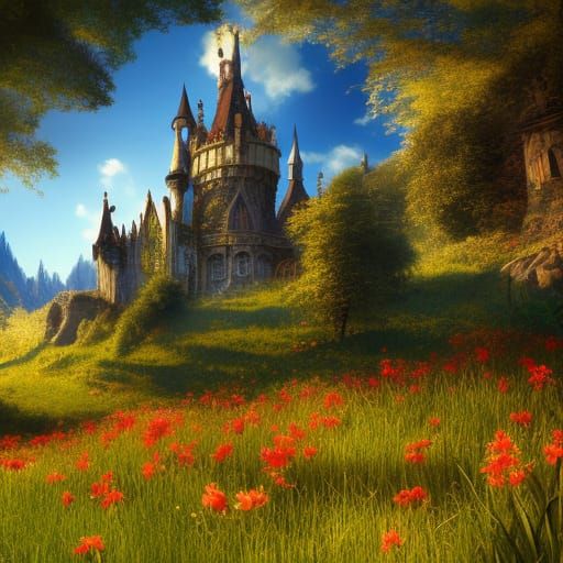High Gothic Faerie Castle in Spring Landscape