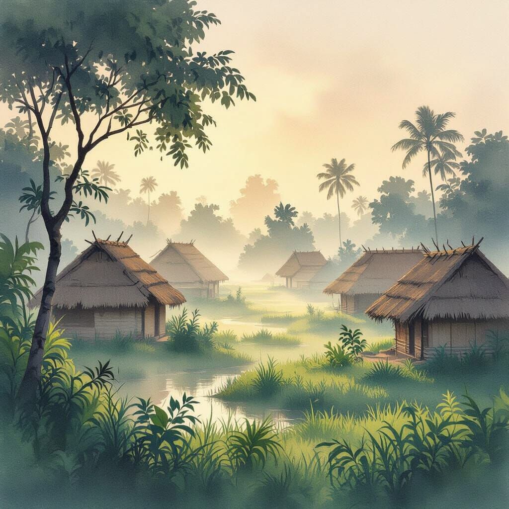 Misty Dawn in Bangladeshi Village: Watercolor Art