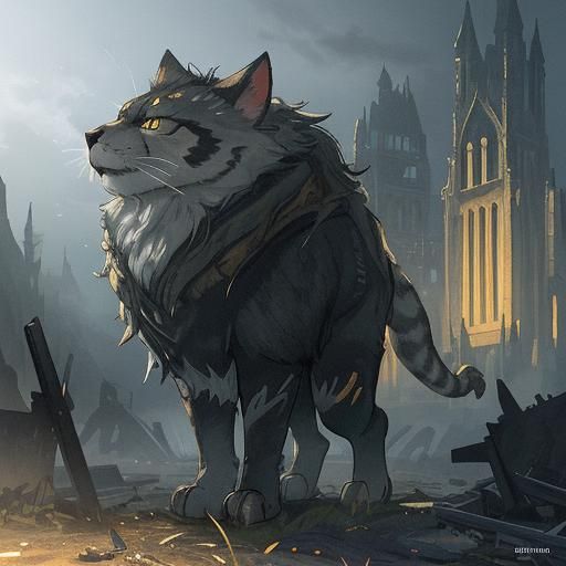 Armored Cat Warriors Clash in Ruined City as 3D Anime Art